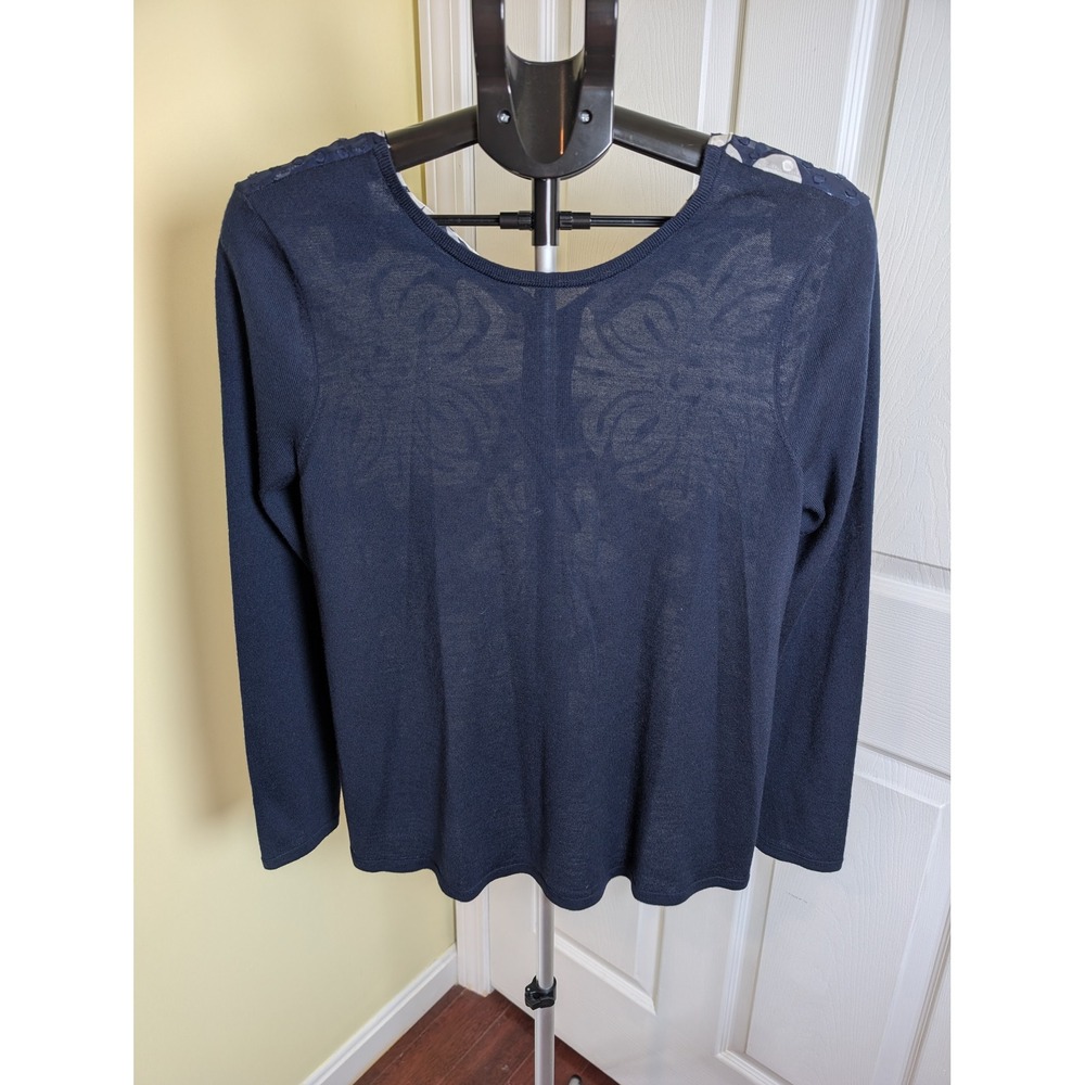 Vineyard Vines Sweater Women S Navy Blue Merino Wool Mixed Media Floral V-Neck